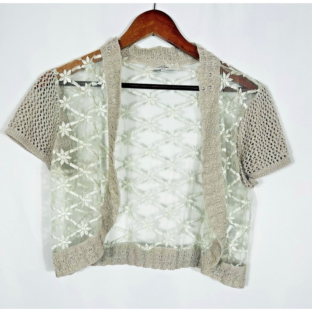 VTG Y2K Coquette Fairy Metallic Sheer Mesh Crochet Open Cardigan Size L Feminine